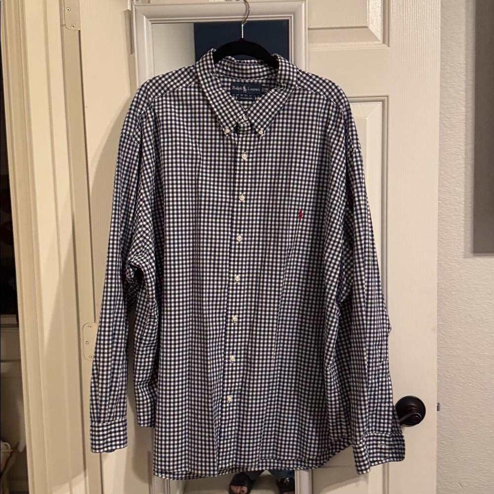 Big & Tall Ralph Lauren Men Button Down Shirt 4XB Gingham Blue&White Long Sleeve